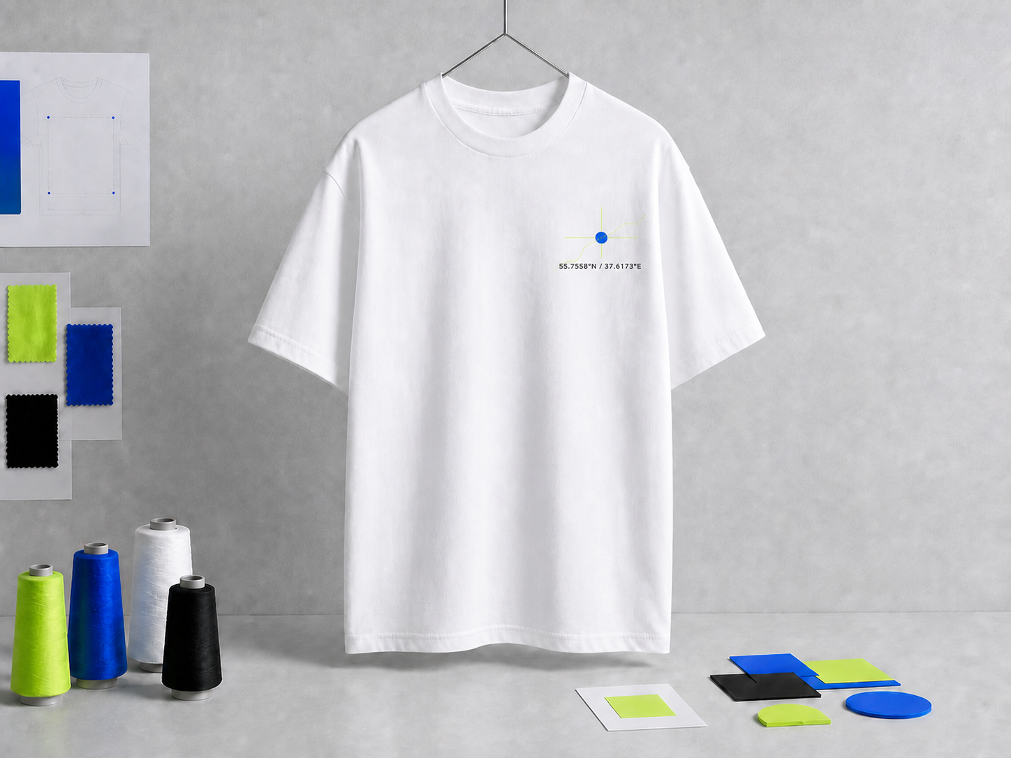 White T-shirt with a small left-breast location node and Moscow coordinates