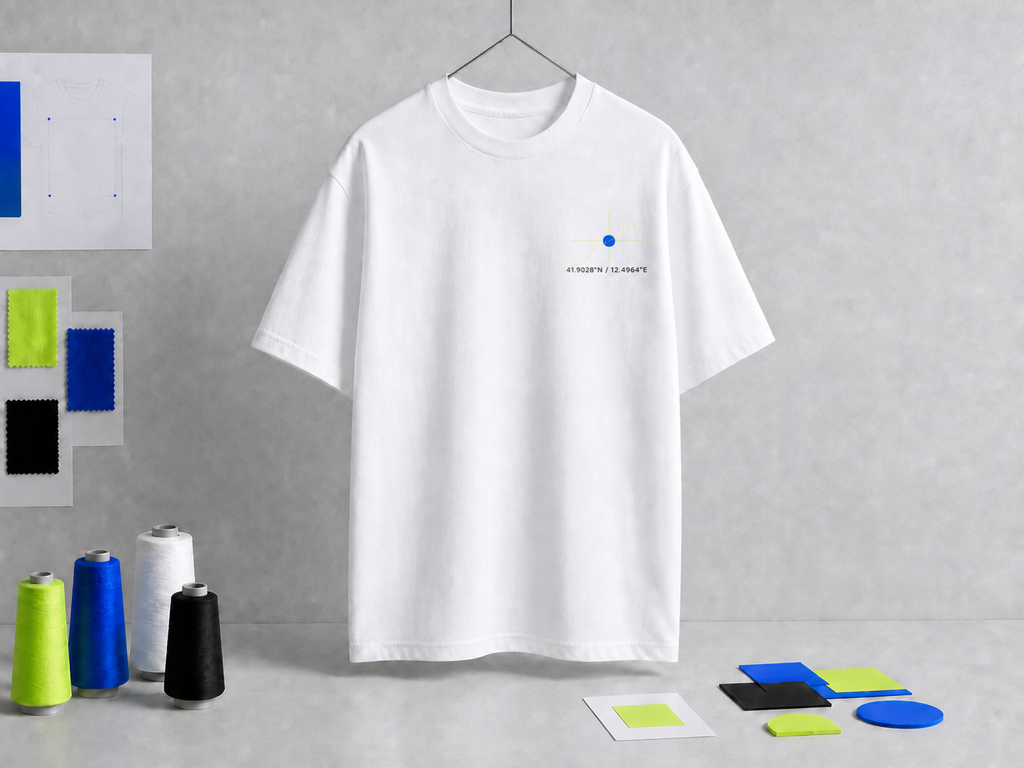 White T-shirt with a small left-breast location node and Rome coordinates
