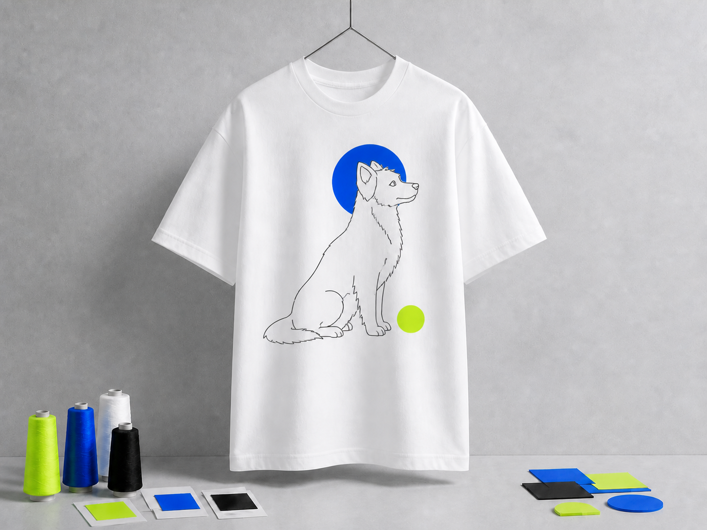 White T-shirt with a border collie line drawing and blue circular halo