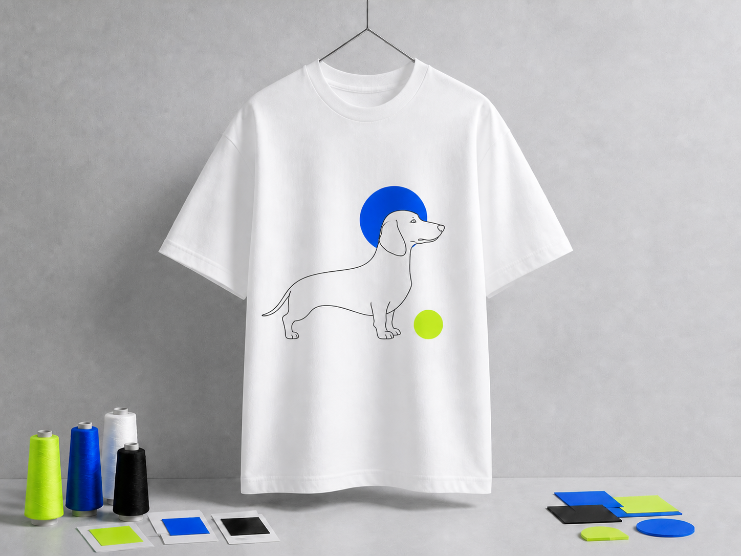 White T-shirt with a dachshund line drawing and blue circular halo