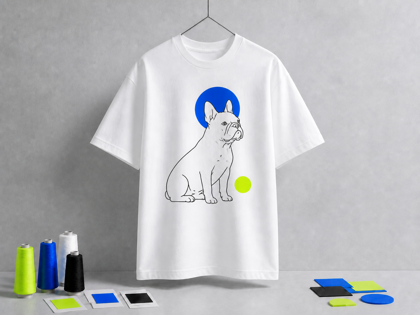 White T-shirt with a French bulldog line drawing and blue circular halo