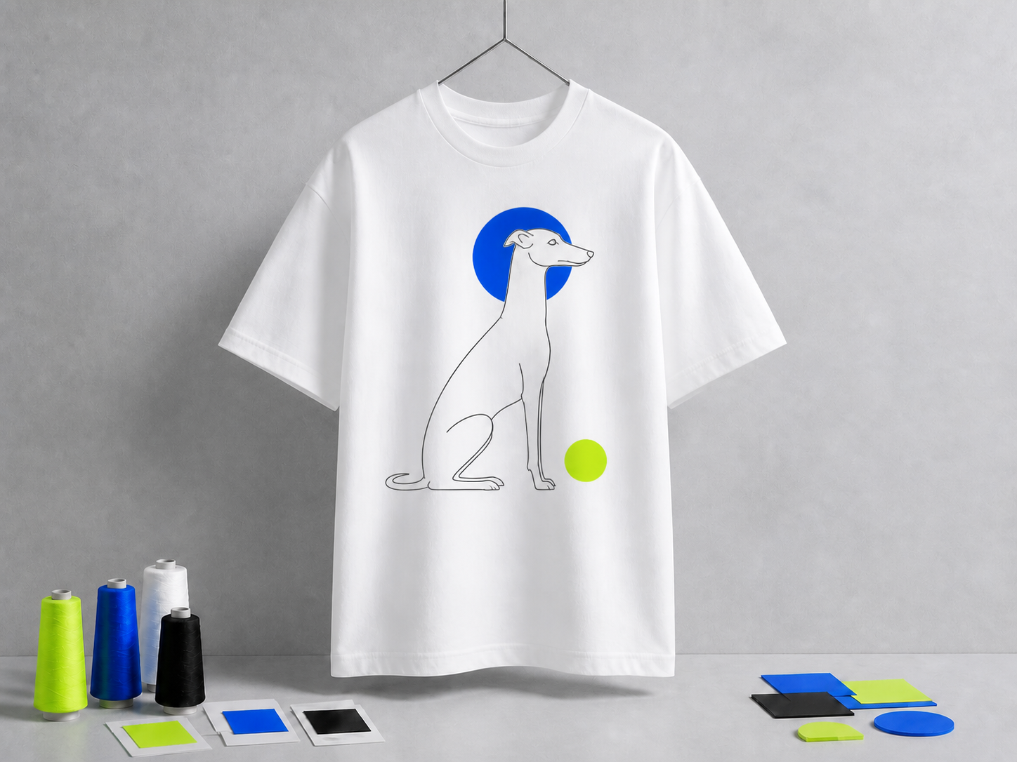 White T-shirt with a greyhound line drawing and blue circular halo