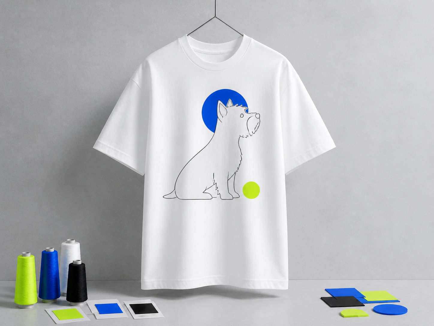 White T-shirt with a terrier line drawing and blue circular halo