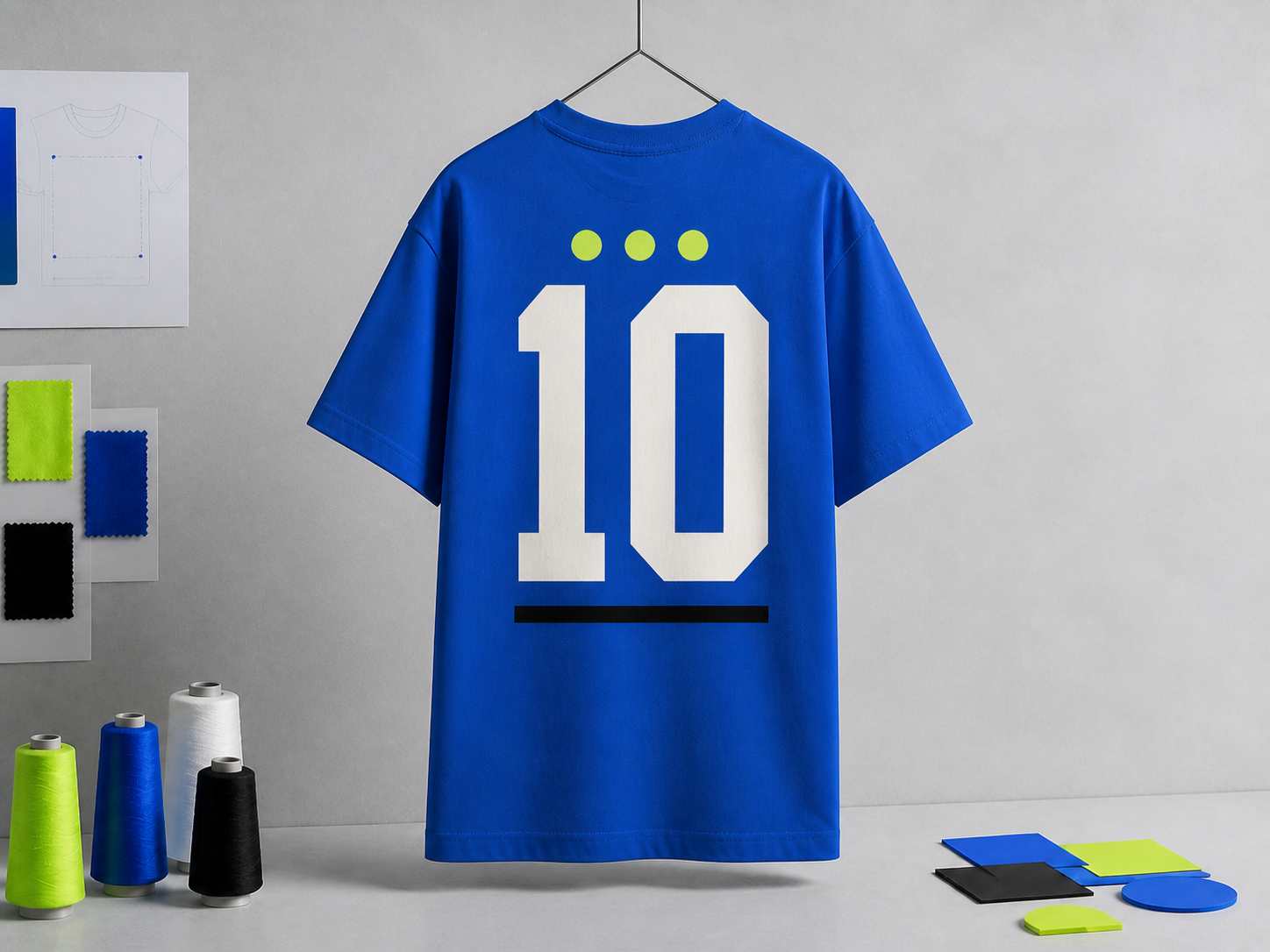 Back of cobalt T-shirt with large cream number 10