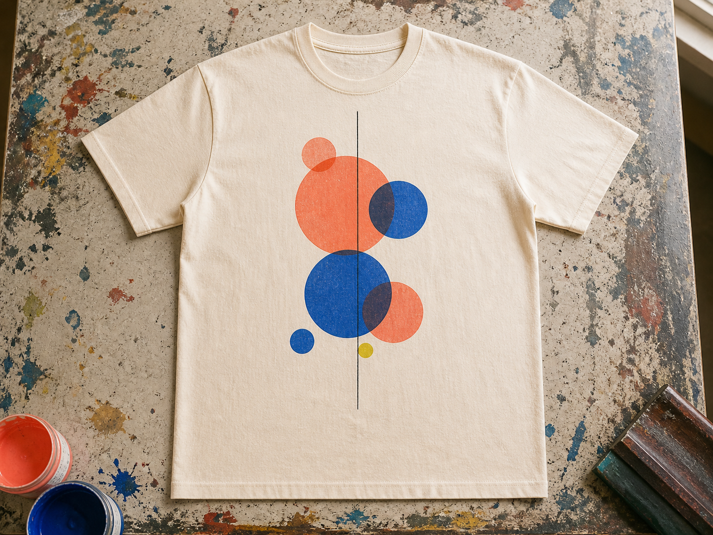 Ecru T-shirt with overlapping coral and cobalt circles