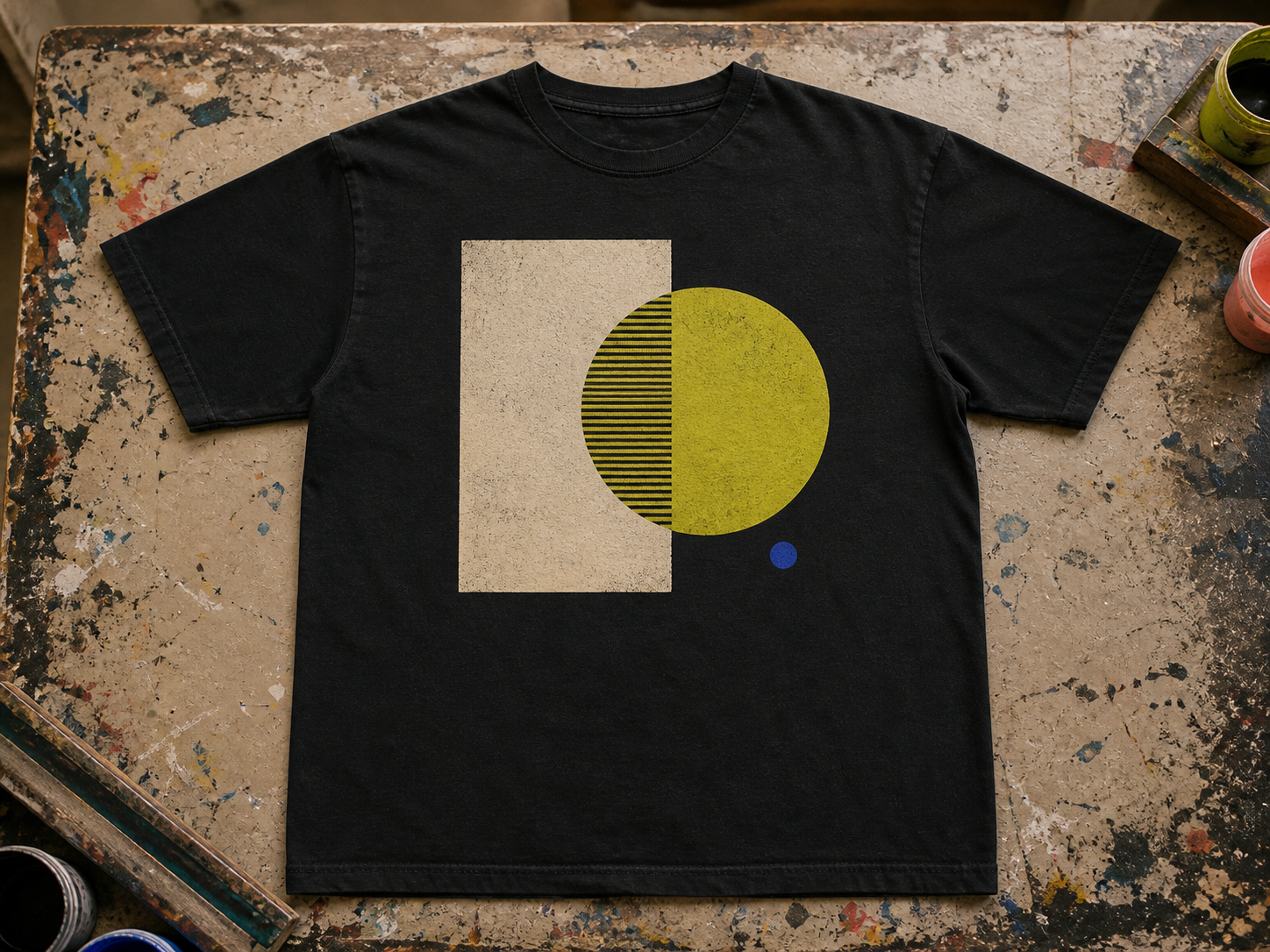 Black T-shirt with overlapping bone rectangle and acid circle