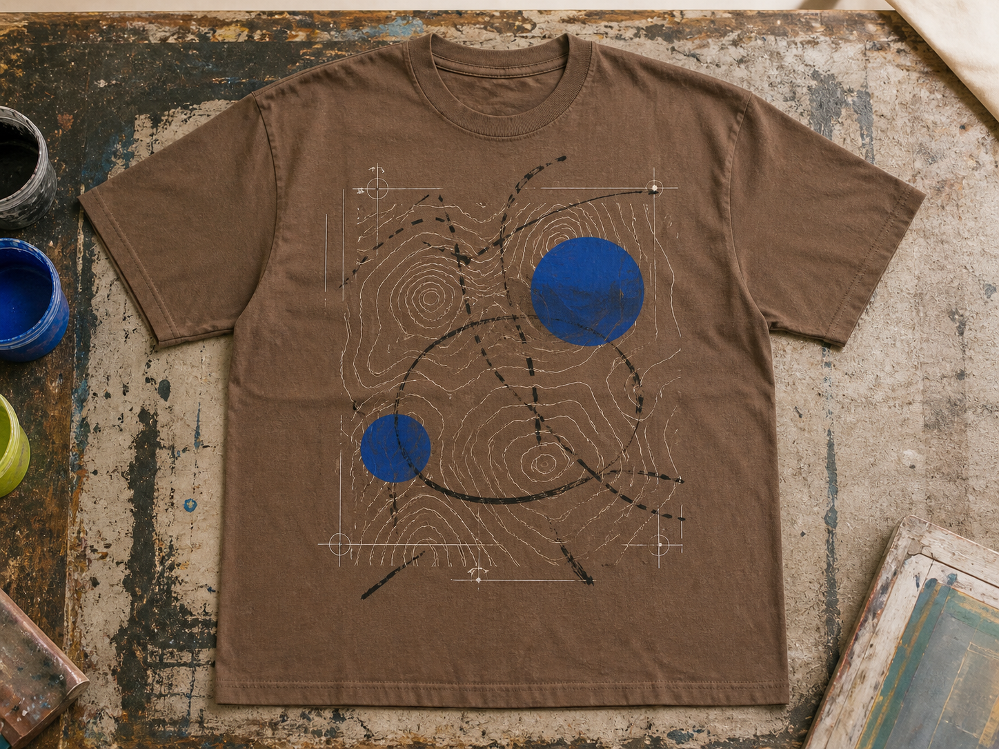 Clay T-shirt with topographic contours and blue survey circles