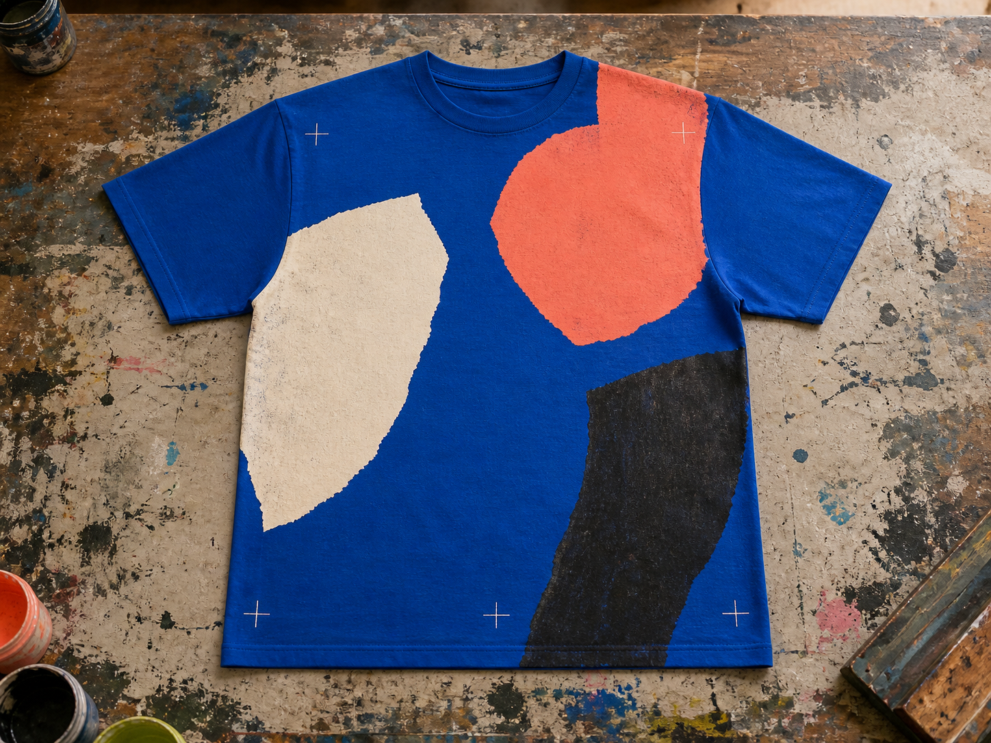 Cobalt T-shirt with oversized cream, coral and black torn forms