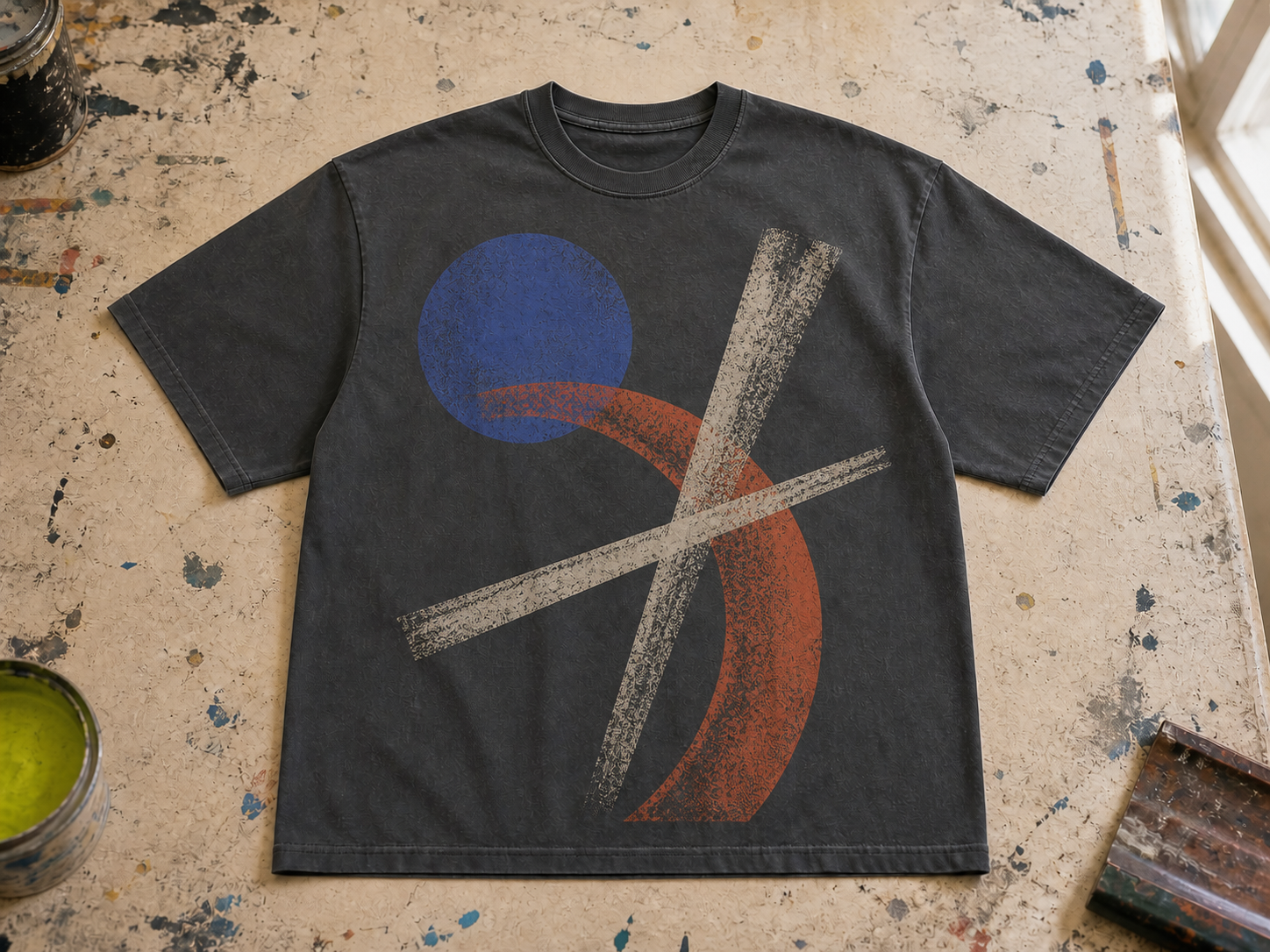 Washed charcoal T-shirt with an abstract cobalt moon, rust arc and bone ink trails