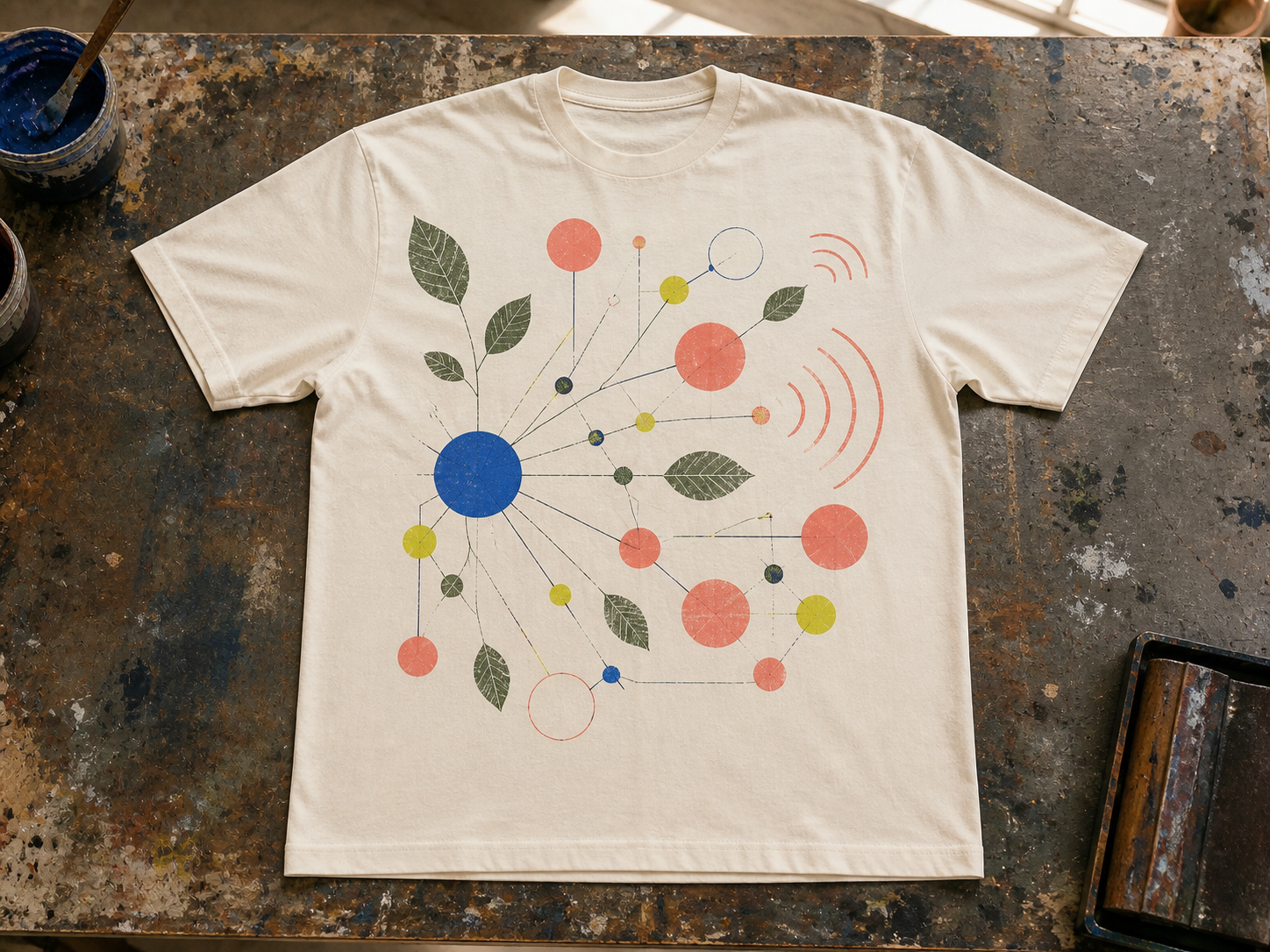 Warm white T-shirt with leaves, coloured nodes and broadcast arcs