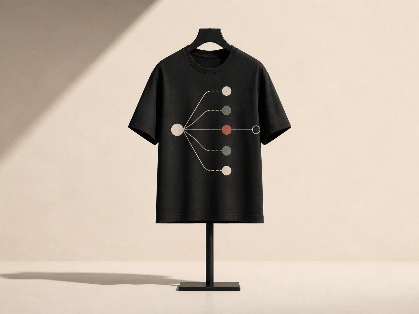 Black T-shirt with a branching diagram and one open endpoint