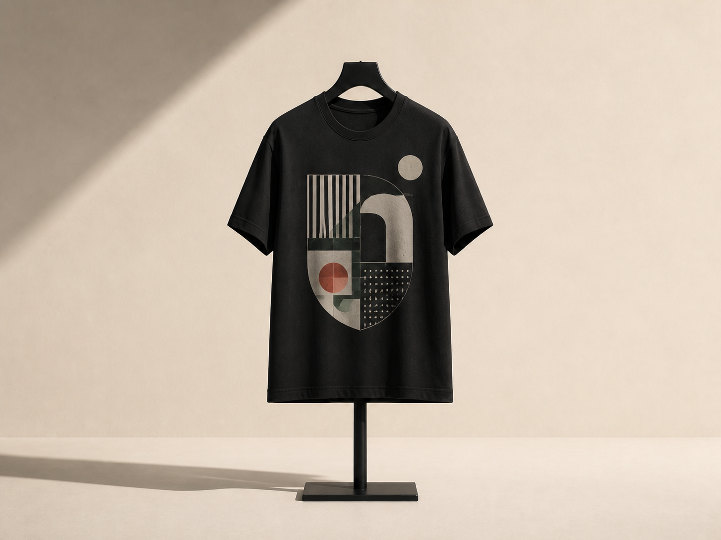 Black T-shirt with an asymmetric modernist crest