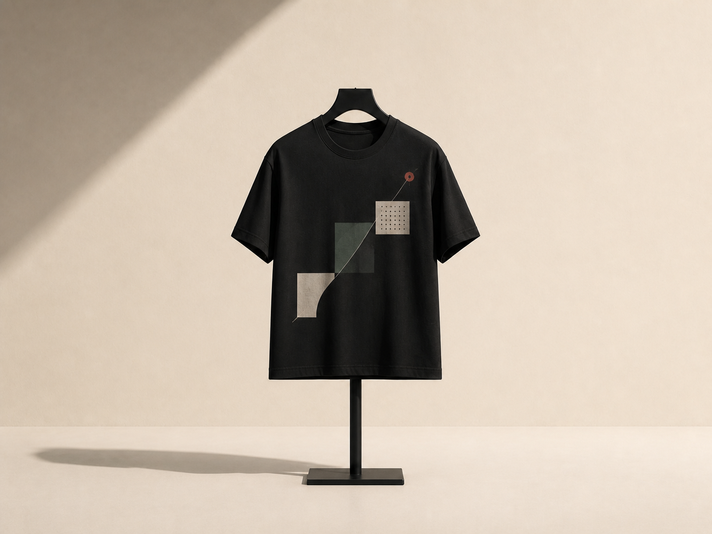 Black T-shirt with modular blocks and an upward rust destination point