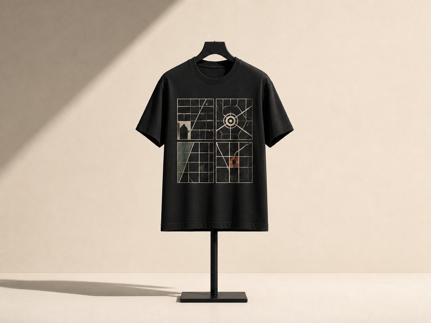 Black T-shirt with four abstract map panels and a rust landmark