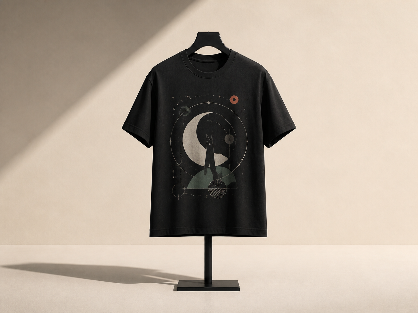 Black T-shirt with crescent, orbital lines and fictional creature silhouette