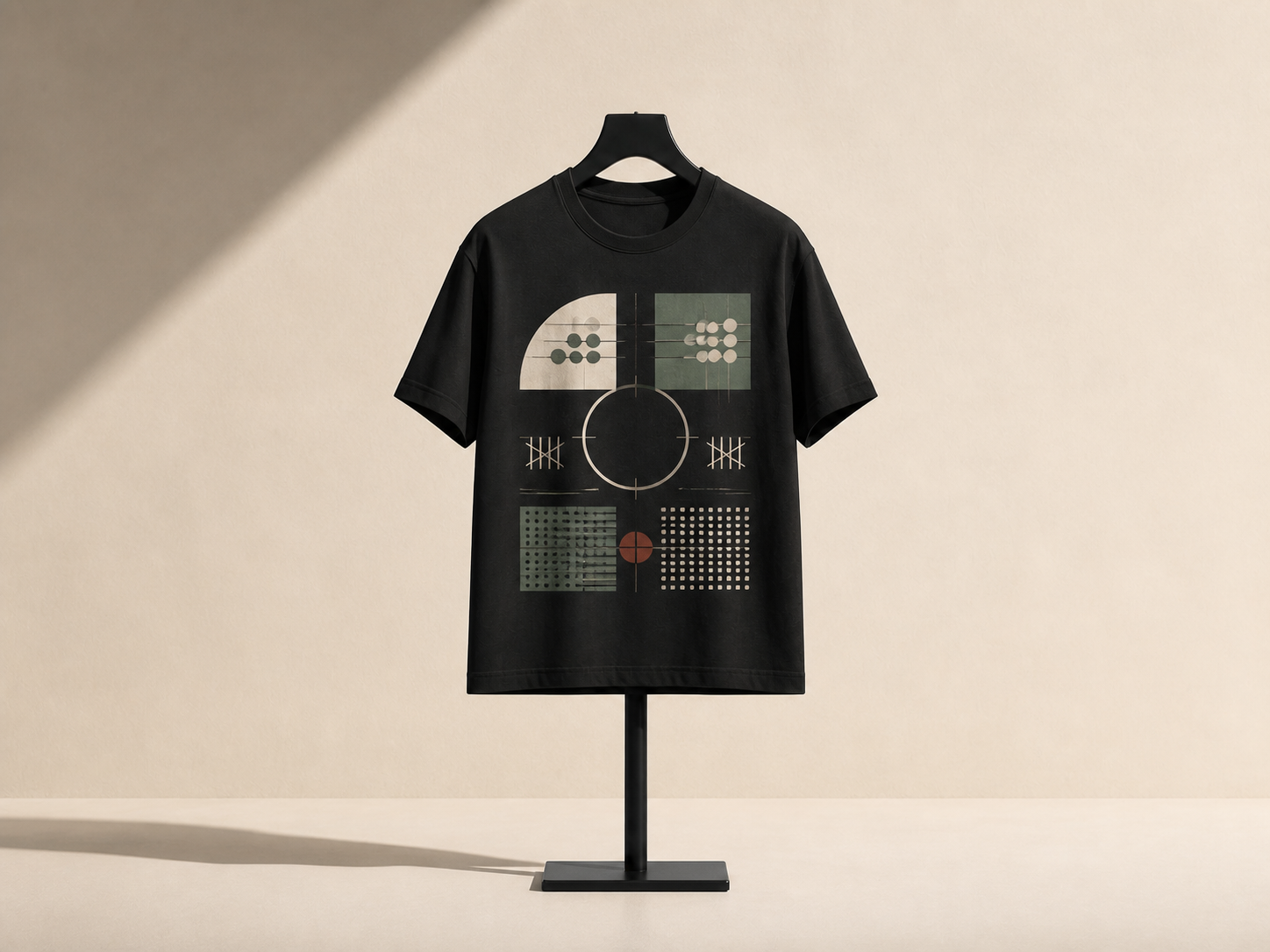 Black T-shirt with balanced ledgers, tally lines and a central open circle