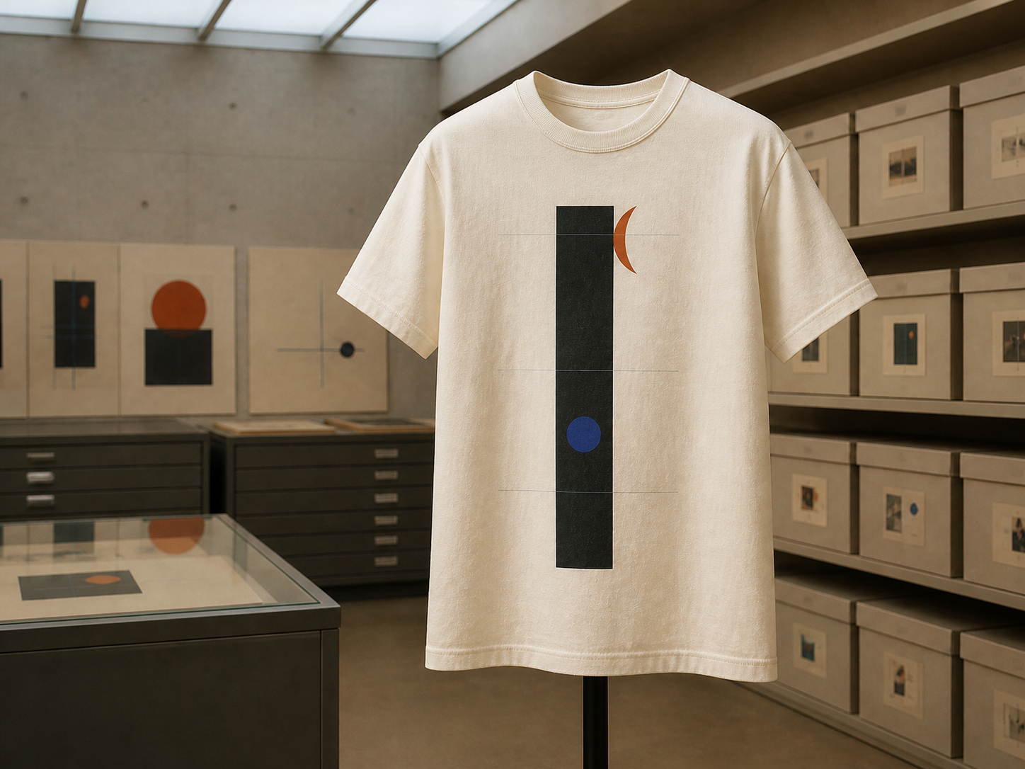Cream heavyweight T-shirt with an original vertical black, rust and cobalt print