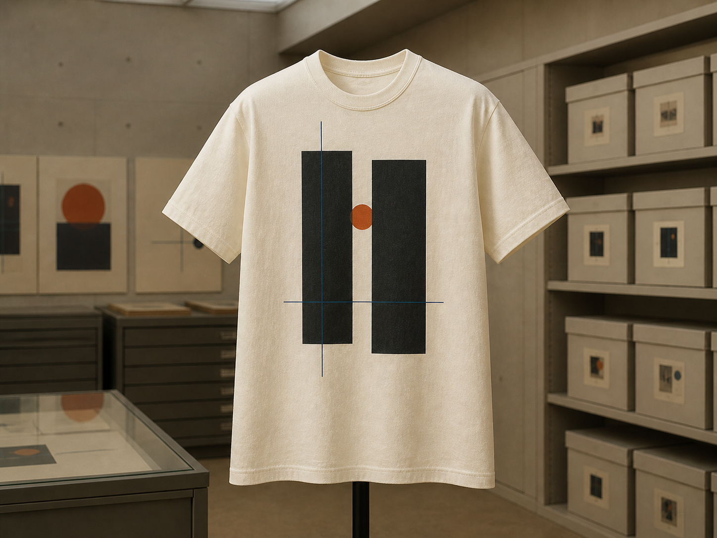 Cream heavyweight T-shirt with an original black, rust and cobalt geometric print