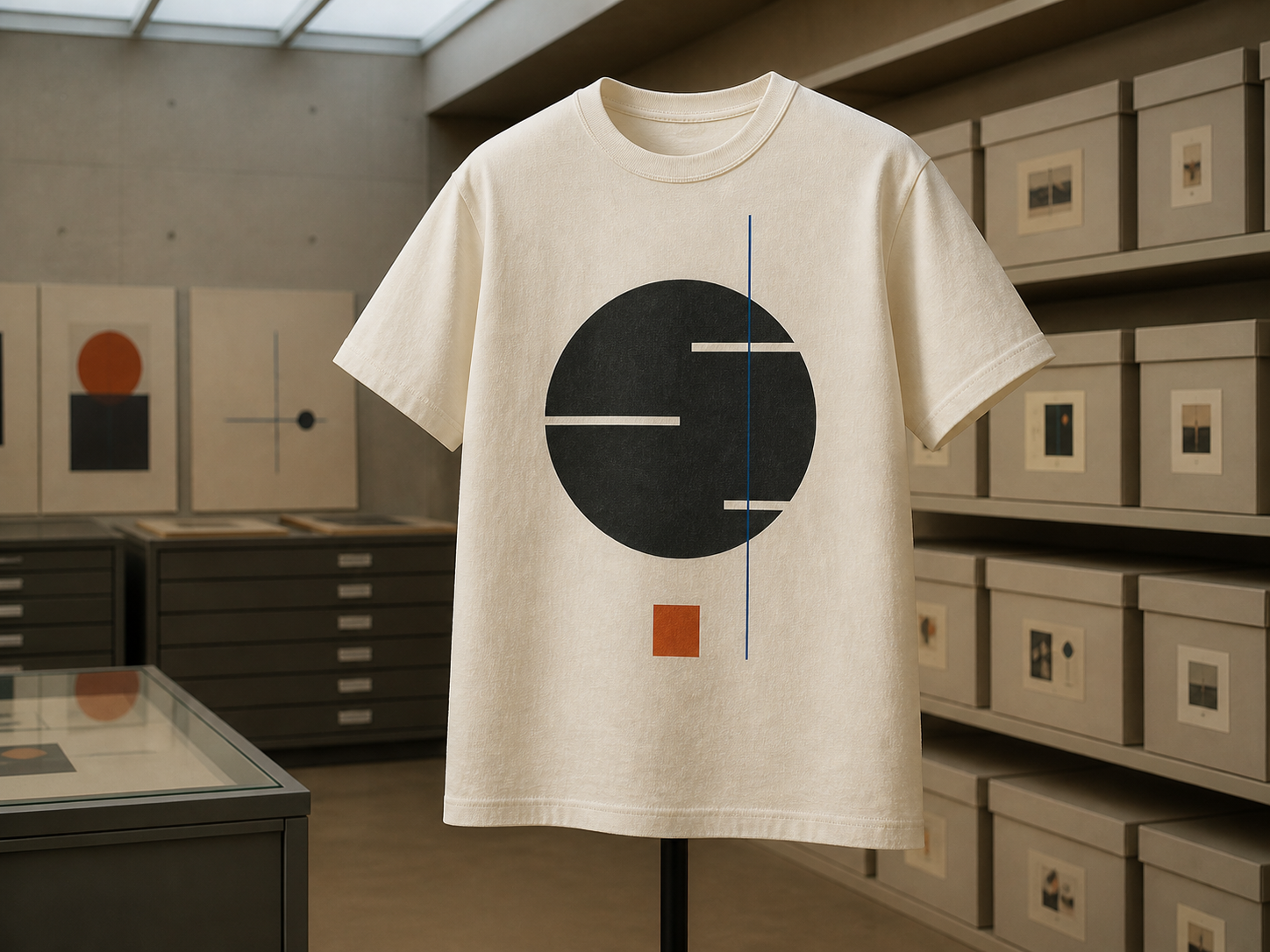 Cream heavyweight T-shirt with an original circular black, rust and cobalt print