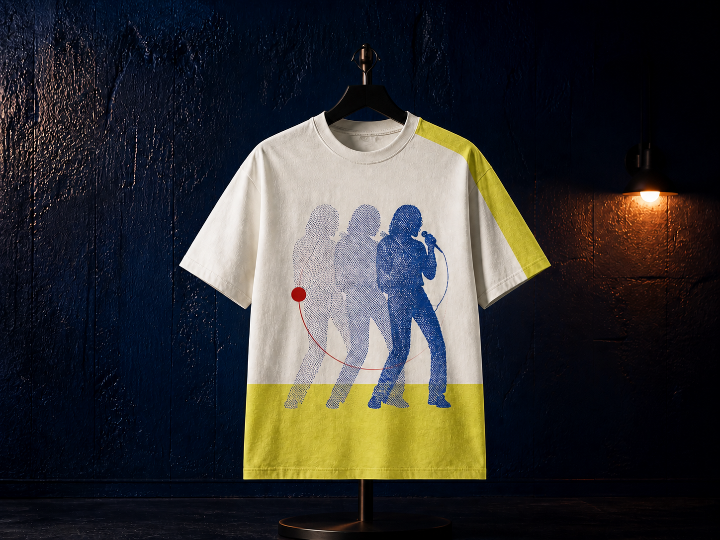 Two-colour bone and acid-yellow T-shirt with three offset anonymous performer silhouettes