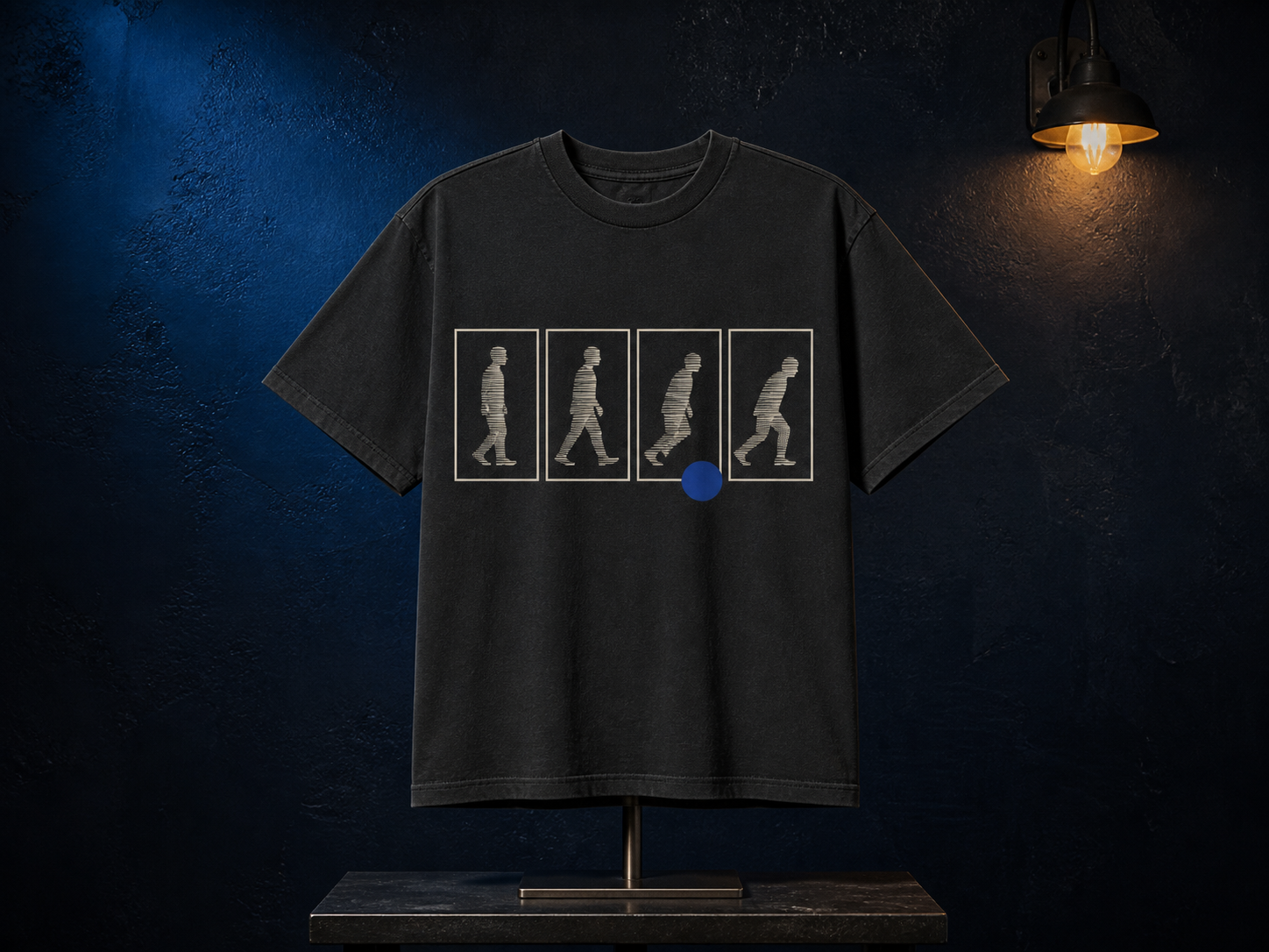 Charcoal T-shirt with four sequential anonymous walking silhouettes