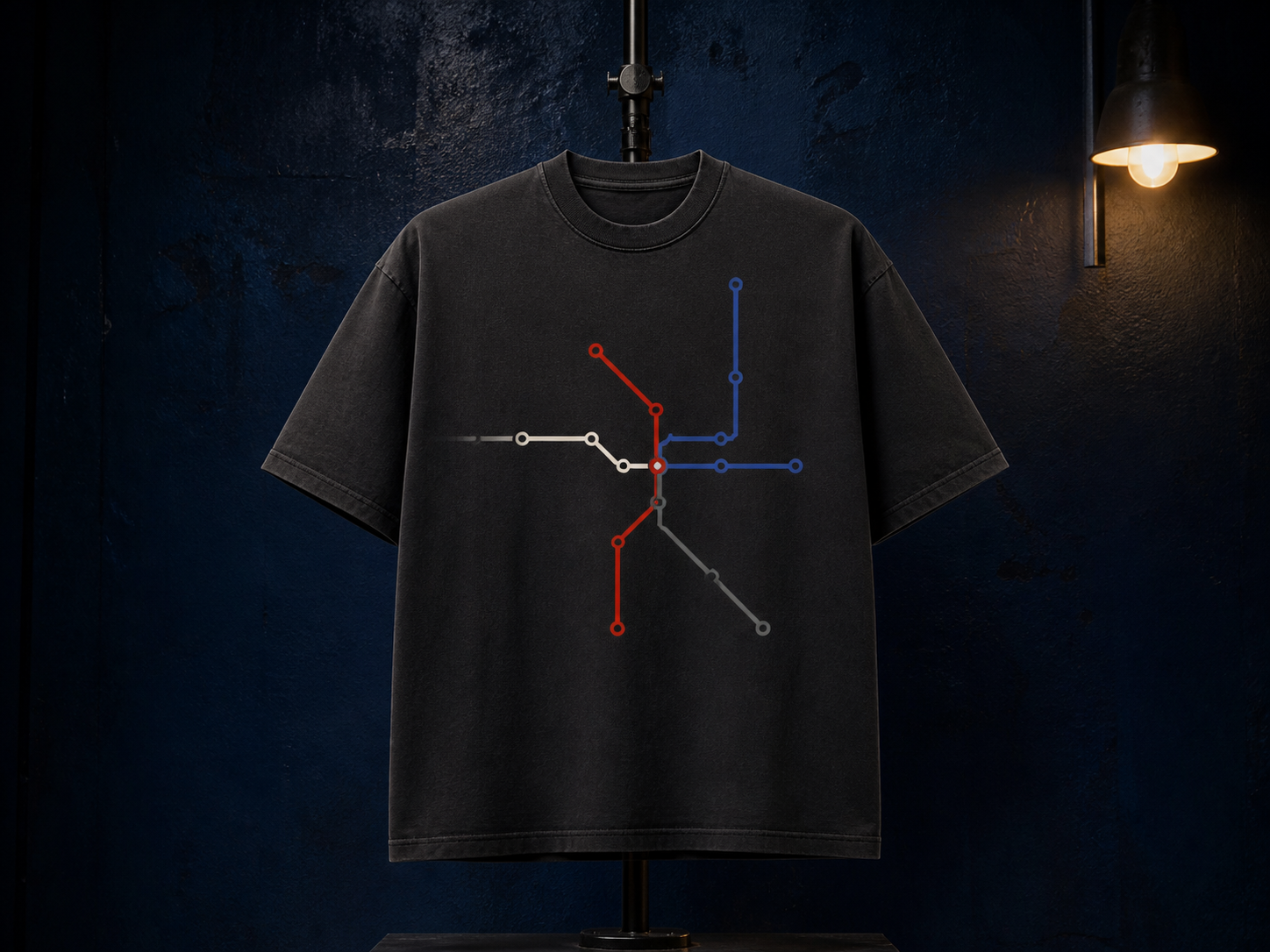 Charcoal T-shirt with a fictional red, blue and bone transit map