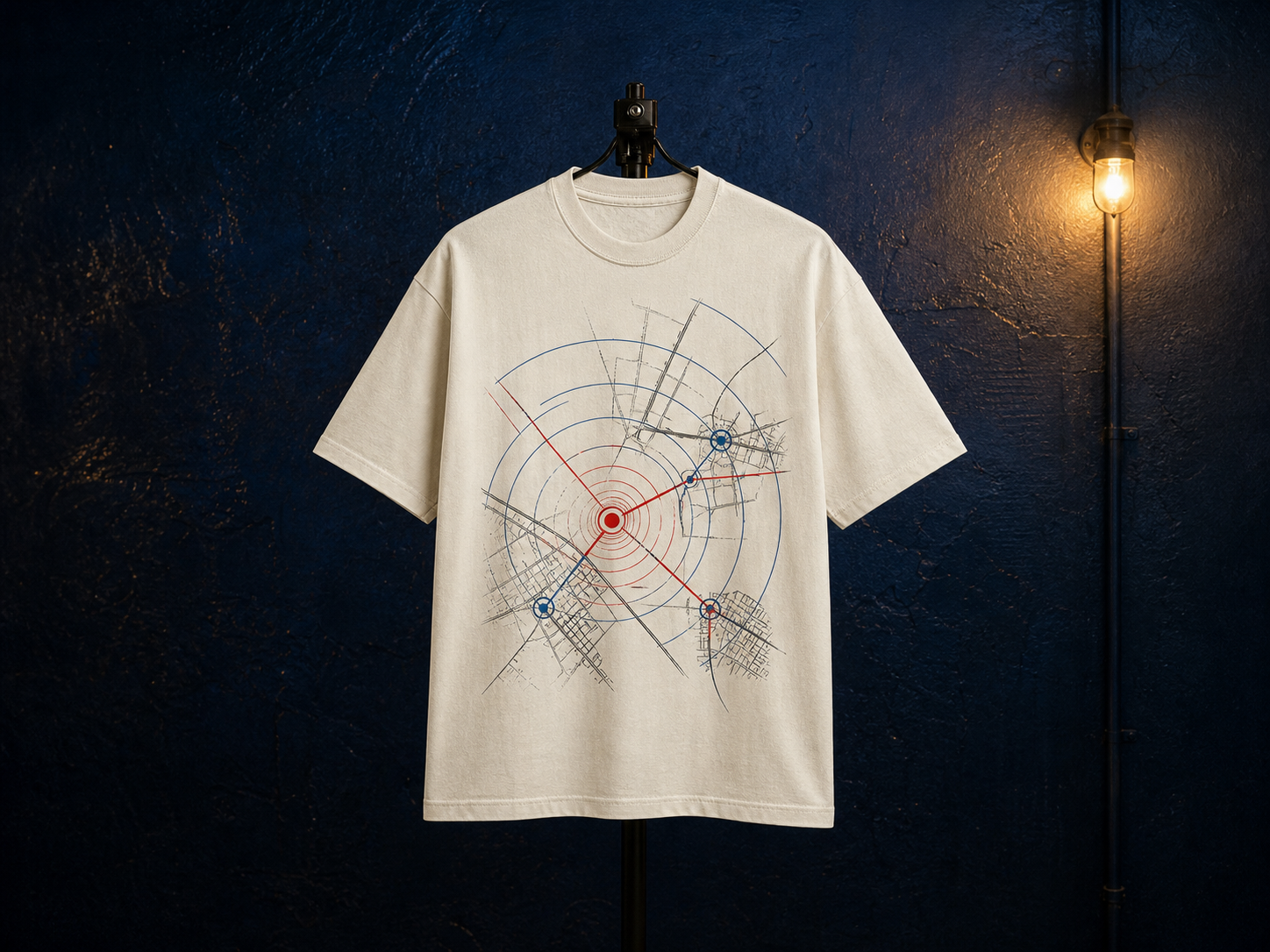Bone T-shirt with an invented city map and radio arcs