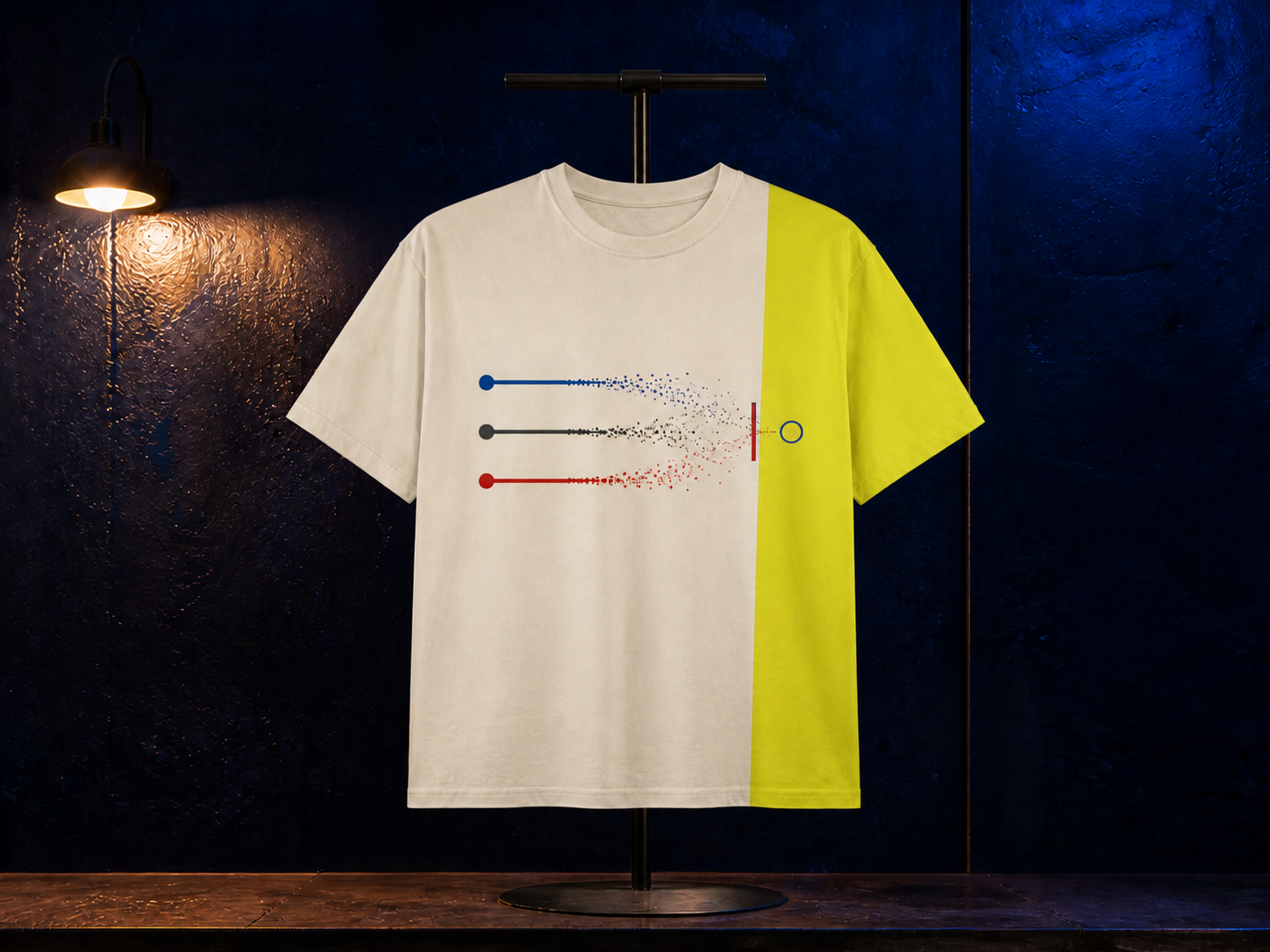 Two-colour bone and acid-yellow T-shirt with three lines dissolving before an open circle