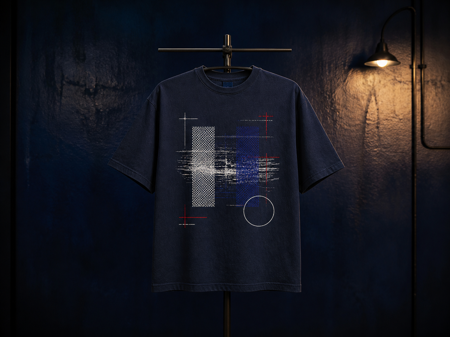 Navy T-shirt with misregistered halftone blocks and crop marks